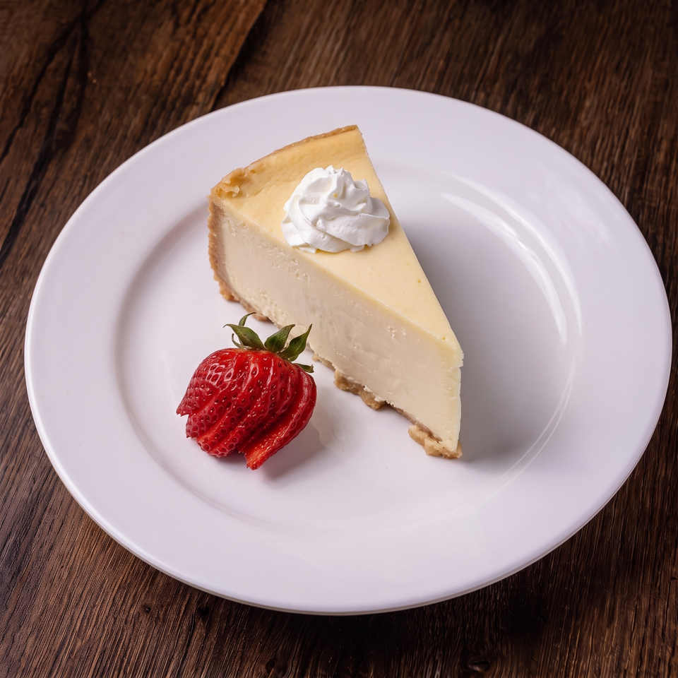 Slice of creamy cheesecake topped with whipped cream and served with a fresh strawberry on a white plate.
