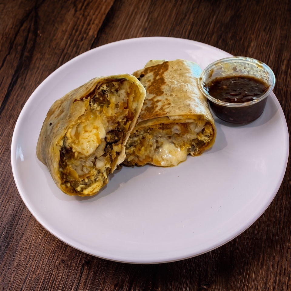 Cheesy grilled burrito cut in half on a white plate with a side of dark dipping sauce.