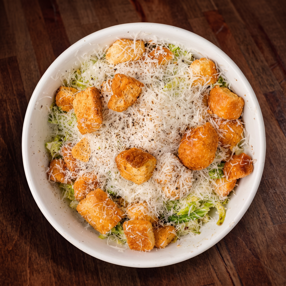 Overhead view of a bowl filled with crispy golden chicken, shredded lettuce, grated cheese, and black pepper.