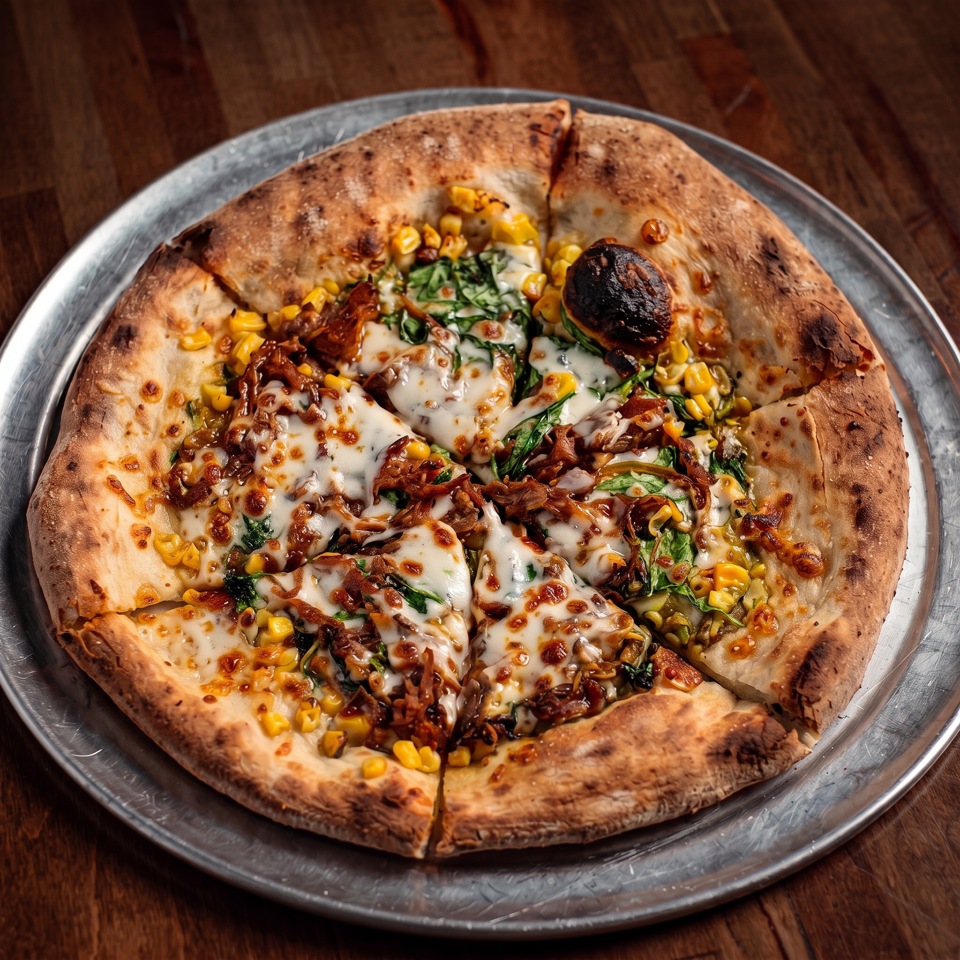 Sliced wood-fired pizza topped with melted cheese, roasted mushrooms, corn, greens, and a charred black olive on a metal plate.