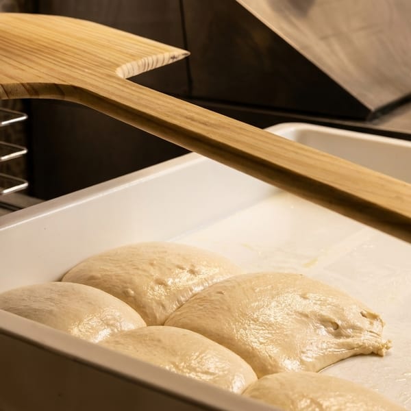 Pizza dough balls proofing in a white container with a wooden pizza peel nearby.