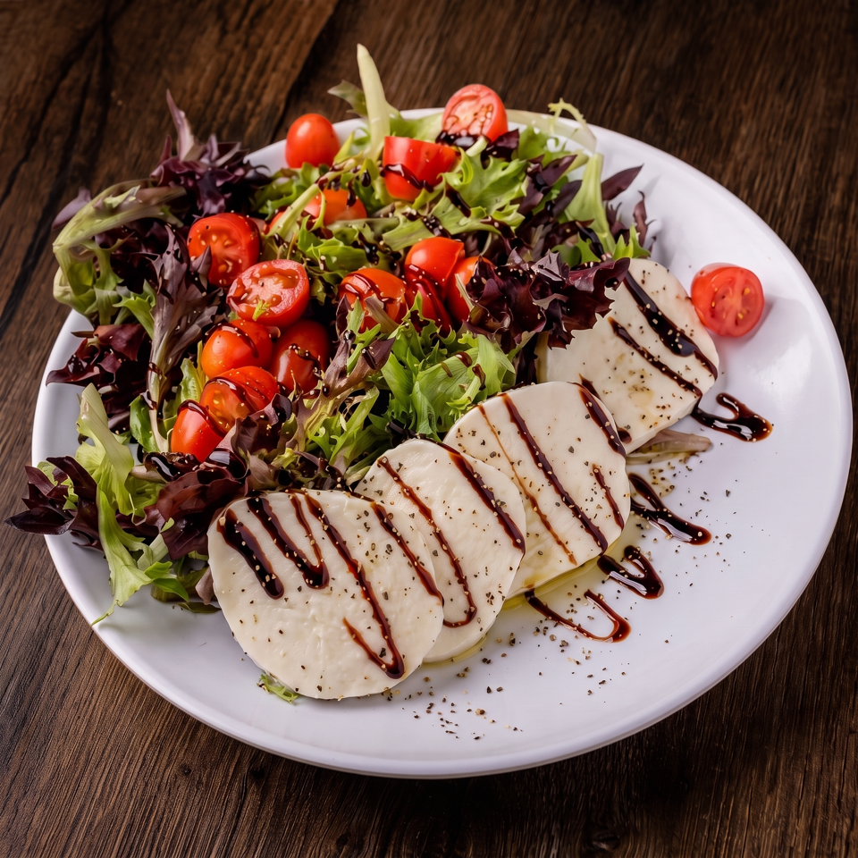 Sliced fresh mozzarella with mixed greens and cherry tomatoes, drizzled with balsamic glaze on a white plate.