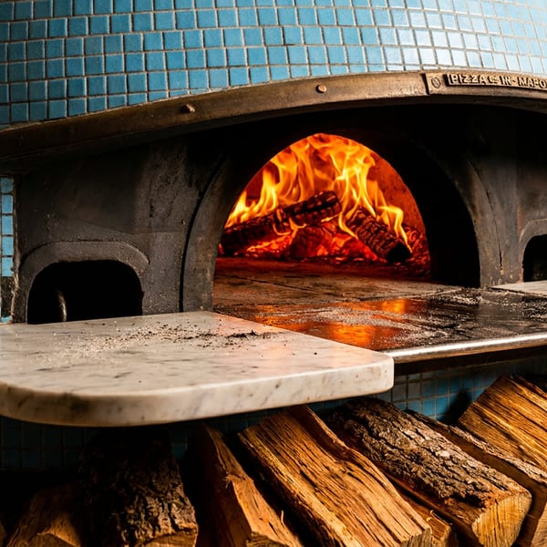 Wood-fired pizza oven with blue tiles, blazing fire inside, and stacked firewood below.