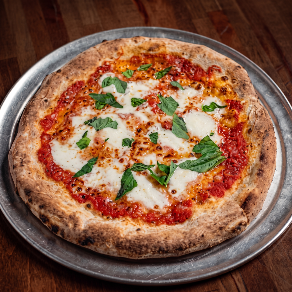 Neapolitan-style Margherita pizza with melted mozzarella, tomato sauce, and fresh basil on a metal plate.