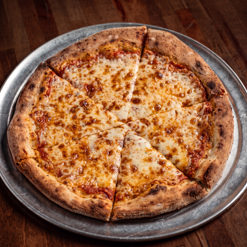 Sliced cheese pizza with a charred crust served on a metal plate atop a wooden table.
