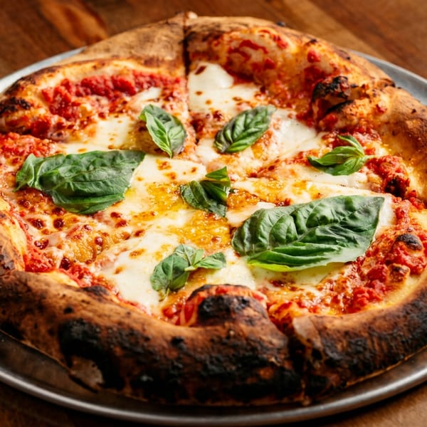 Neapolitan Margherita pizza with fresh basil leaves, melted mozzarella, and tomato sauce on a metal pan.