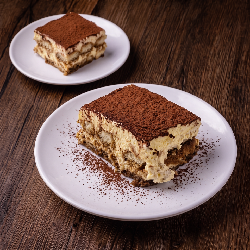 Two slices of cocoa-dusted tiramisu with creamy layered filling sit on white plates atop a rustic wooden table.